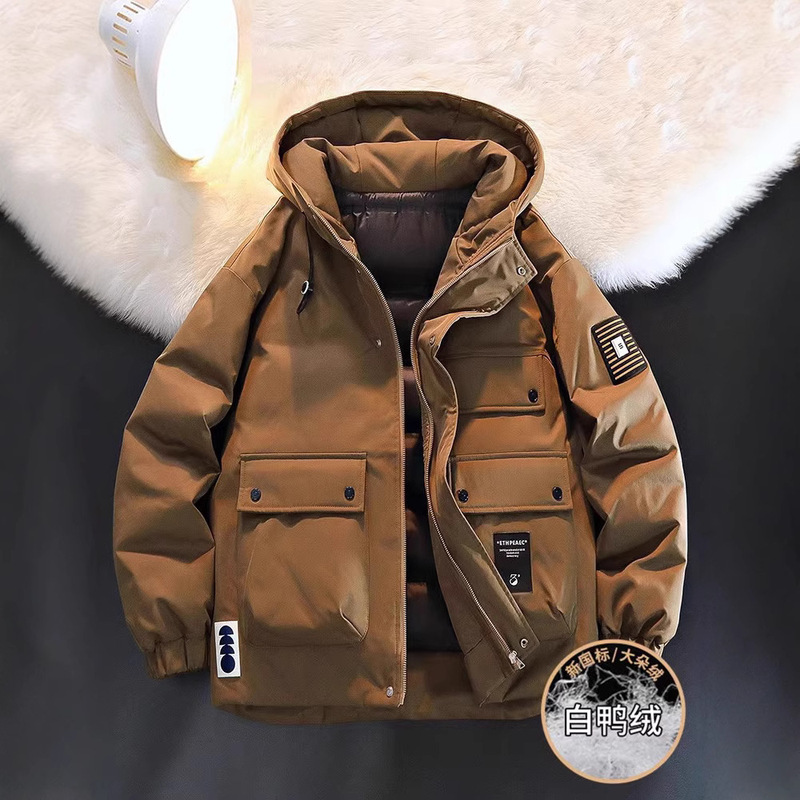 Men's down Jacket Winter 2025 New Style White Duck down Thickened Cold-Proof Warm Youth Hooded Workwear Jacket for Men