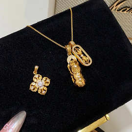 韦雪同款金刚杵貔貅项链 新中式福袋葫芦 镶钻铜钱叠戴金色坠链女