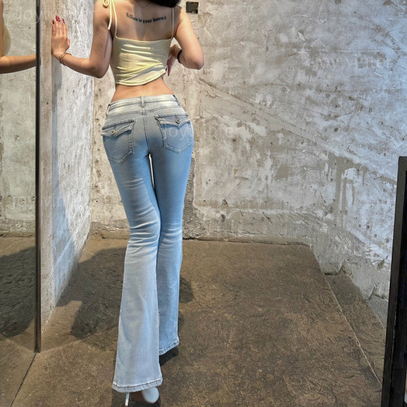 Korean Dongdaemun Women's Clothing, Hip-Enhancing Low-Waist Straight-Leg Jeans, Korean-Style High-Gloss Jeans with Hip Pads and Flared Pants for Women