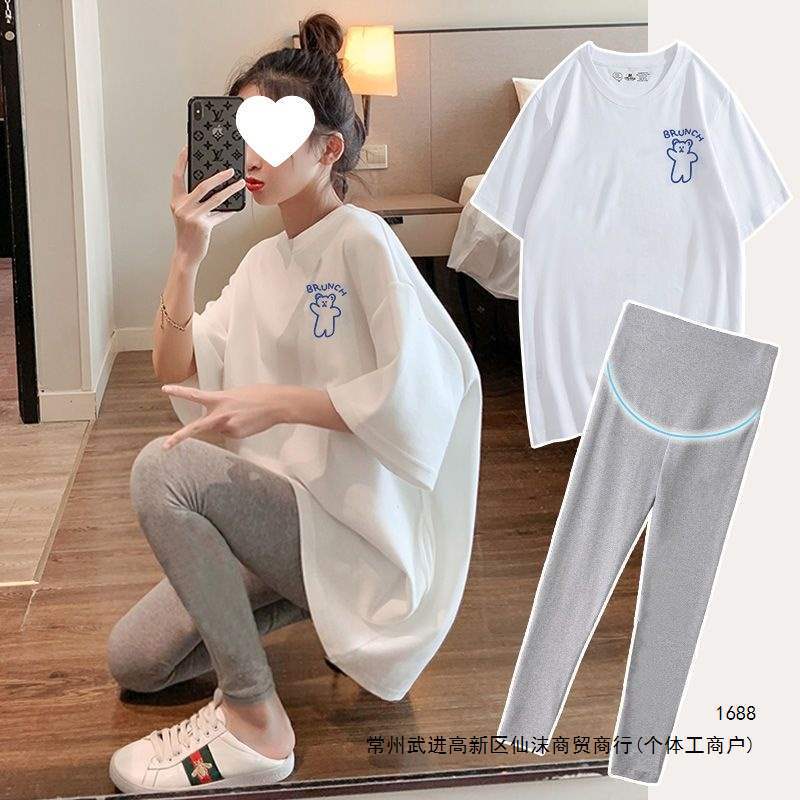 New summer maternity outfit, loose and simple white t-shirt for outer wear, pure cotton short-sleeve plus-size slimming thin set New summer maternity outfit, loose and simple white t-shirt for outer wear, pure cotton short-sleeve plus-size slimming thin set