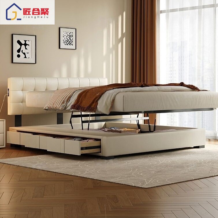 Modern Simple Leather Art Bed Bedroom Home Solid Wood Soft Bed Adjustable Bedside Double Translation Air Pressure Storage Bed Modern Simple Leather Art Bed Bedroom Home Solid Wood Soft Bed Adjustable Bedside Double Translation Air Pressure Storage Bed