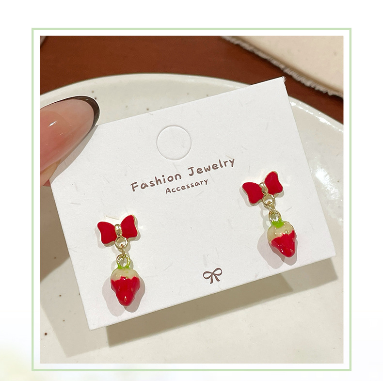 10g Weight 925 Sterling Silver Ear Needle Material Drop Earrings Classification 1 Pair Quantity 1 Pair Casual Elegant Sweet Strawberry Bow Knot Enamel Alloy Drop Earrings