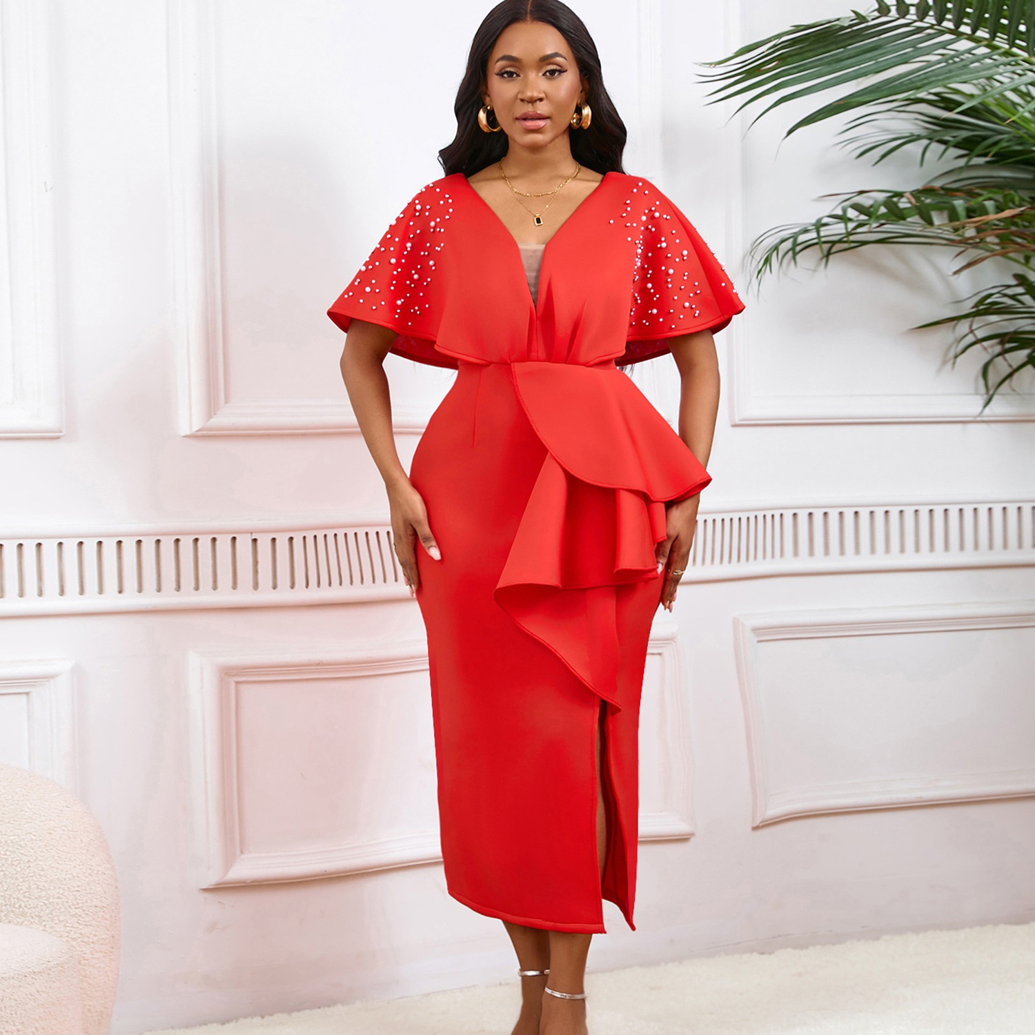 Robe de soirée sexy à col en V et à volants avec fente perlée, robe de banquet de tempérament de célébrité_voghion.com