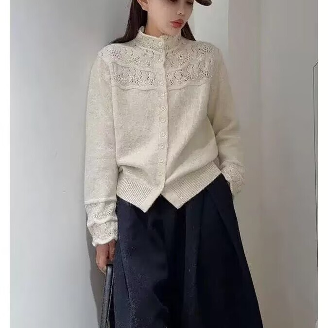 Autumn and Winter Wool Knitwear, Half-High Collar, Crochet Lace Sleeves, Lazy Style Base Layer Cardigan, Versatile Sweater Cardigan