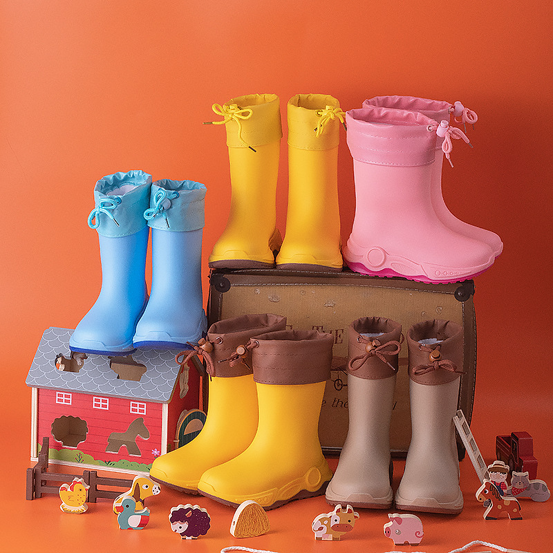 跨境中大童新款裸鞋兒童雨鞋靴防水鬆緊口可加棉男女小孩學生