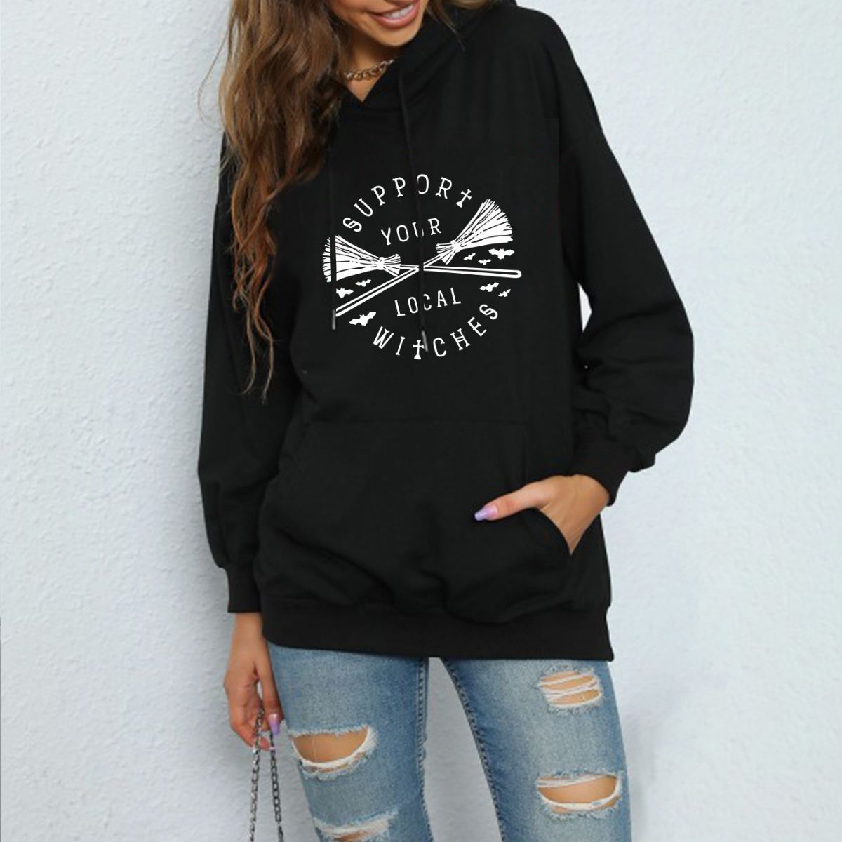 Lös sweatshirt med fleecetryck för kvinnor_voghion.com