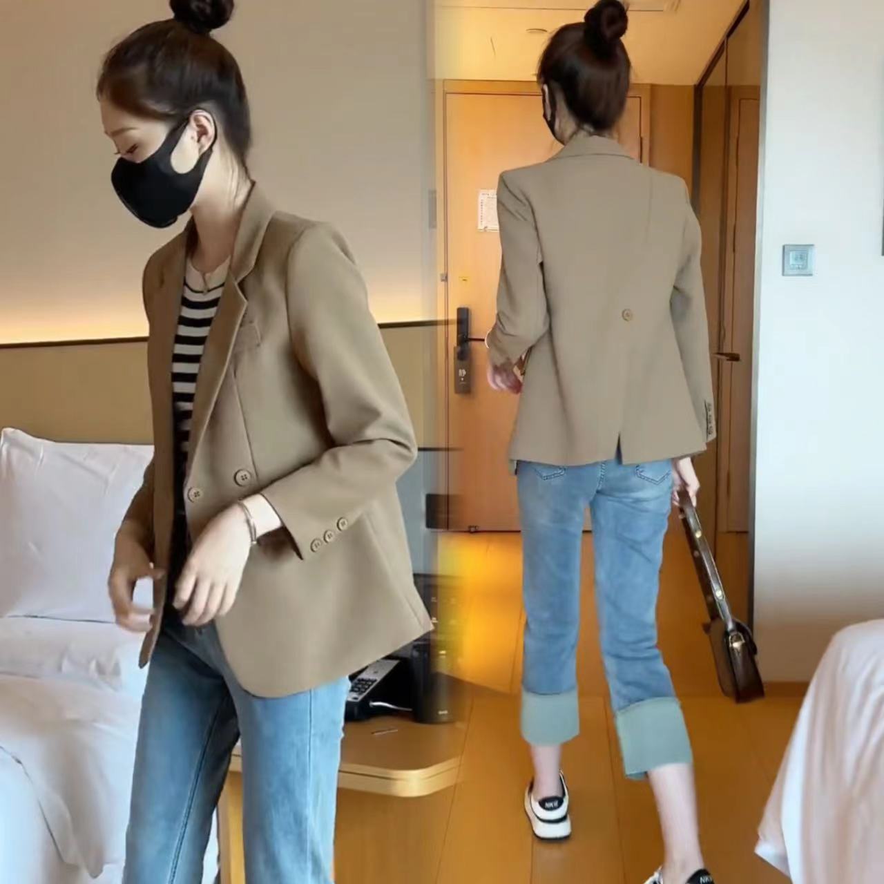 Brown suit jacket for women 2024 Spring and Autumn New elegant loose high-end design sense back slit small suit top