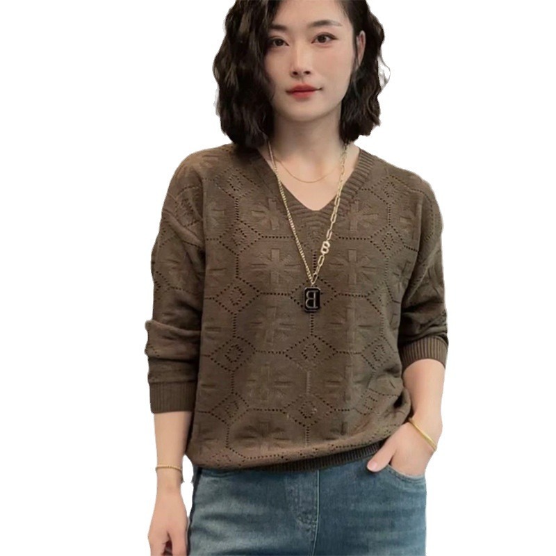 長袖の透かし彫りのセーターのニットの女性の春秋の新型の短い金の純色のvネックの上着の洋風のゆったりしている底のシャツ|undefined