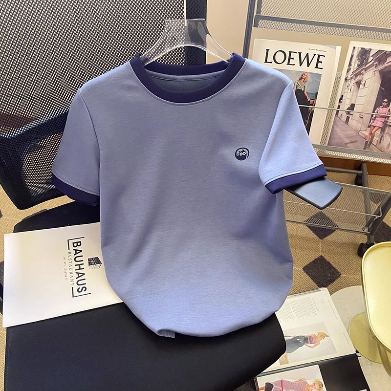 2026 New Blue Short-Sleeved T-Shirt for Women, Versatile and Simple in Summer, with a Unique Design and Casual Patchwork Top