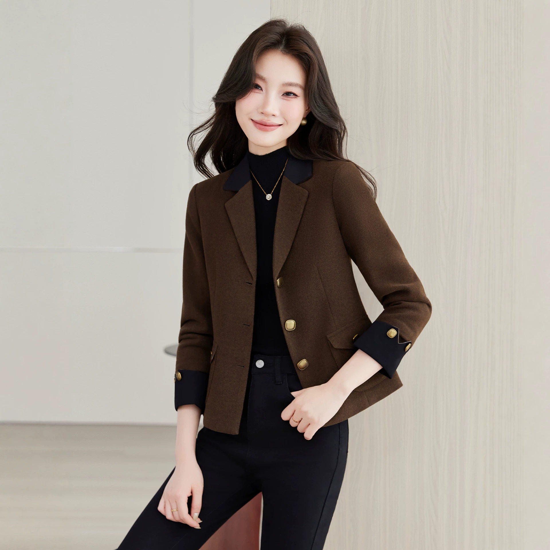 Short wool blazer for petite women, slim fit, elegant and professional look, high-end brown suit jacket.
