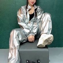 亮银色宽松嘻哈街舞表演出服跳舞女团打歌服韩国舞蹈套装