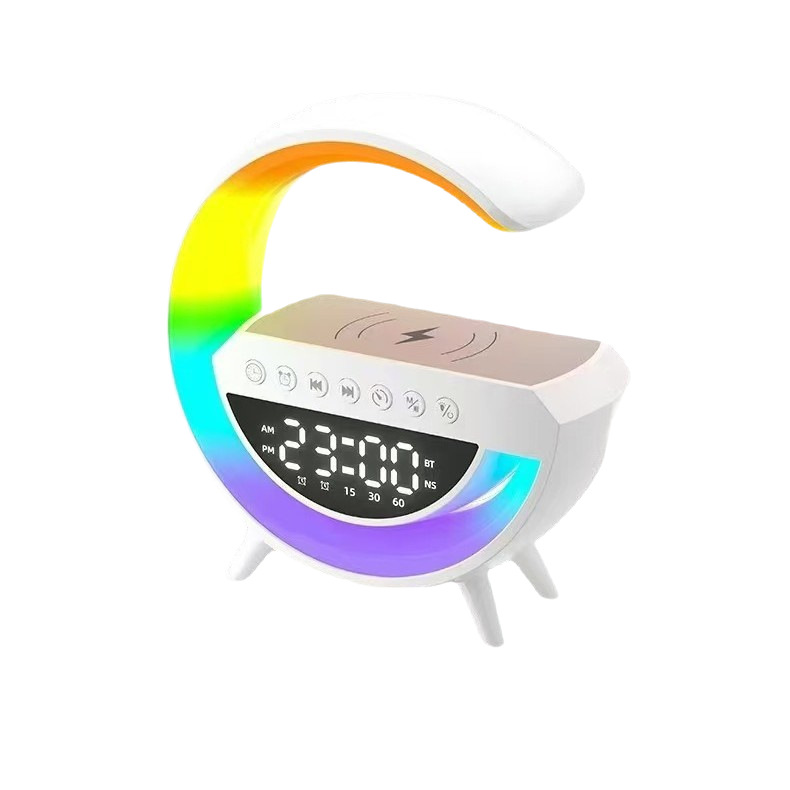 Altavoz pequeño G3401 multifuncional con carga inalámbrica, altavoz Bluetooth, lámpara de escritorio Bluetooth, reloj despertador con carga inalámbrica, luz ambiental de escritorio