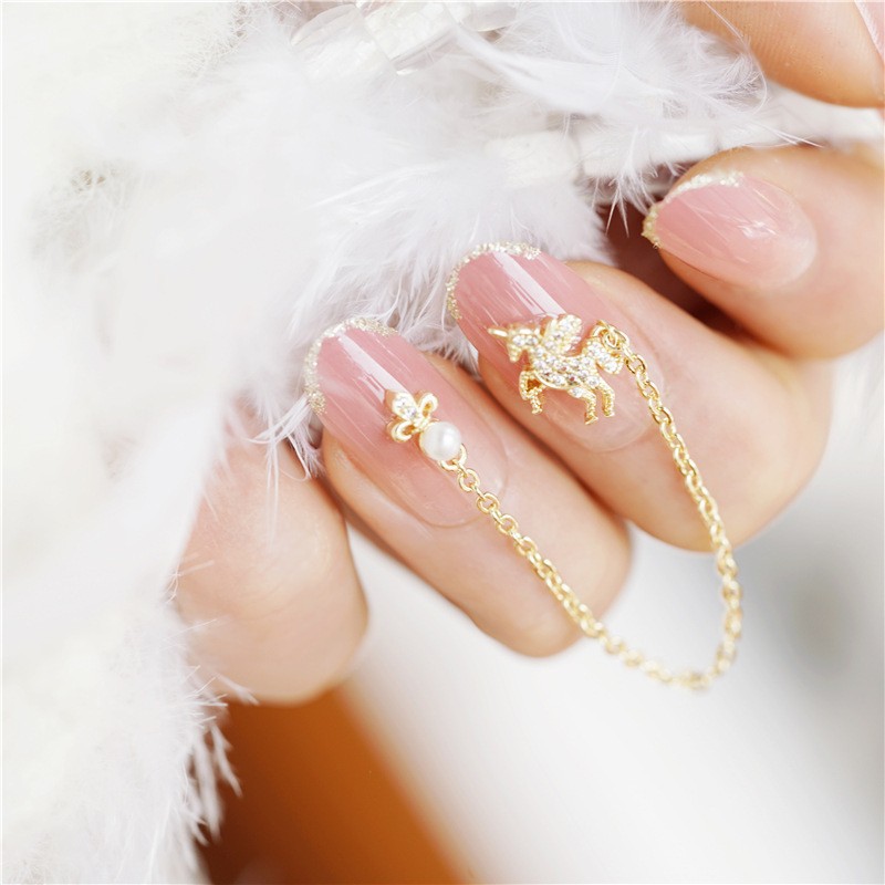 独角兽宝石日系吊坠穿戴美甲金箔新娘款甲片假指甲贴片N005卡通