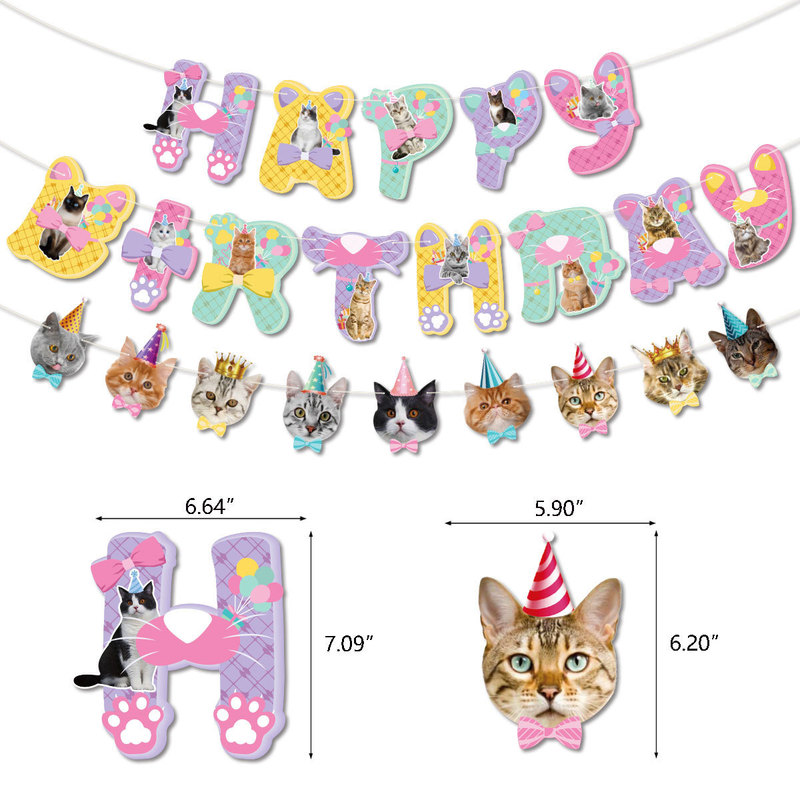 宠物猫咪主题生日派对装饰 猫拉旗横幅蛋糕插牌气球套装 生日布置|undefined