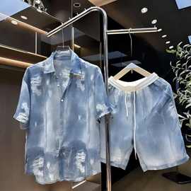 2024男士夏季新款衬衫短裤设计套装轻纱复古风轻薄透气宽松两件套