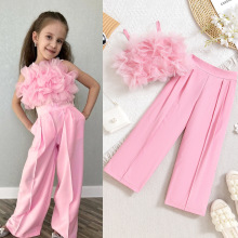 外贸爆款欧美夏季女童套装中小童吊带网纱花朵背心西装长裤两件套