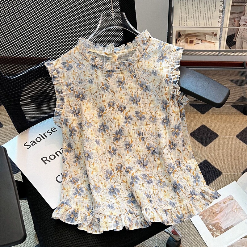 Stand Collar Floral Sleeveless Shirt, Linen Blouse for Women, 2026 Summer New Style, Stylish Top with Small Flutter Sleeves