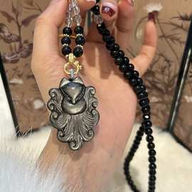 天然银曜石九尾狐狸项链女白水晶黑曜石毛衣链锁骨链狐牌项链挂链