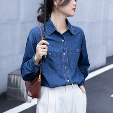实拍 复古蓝色牛仔衬衫女秋季设计感港风长袖上衣叠穿衬衣外套