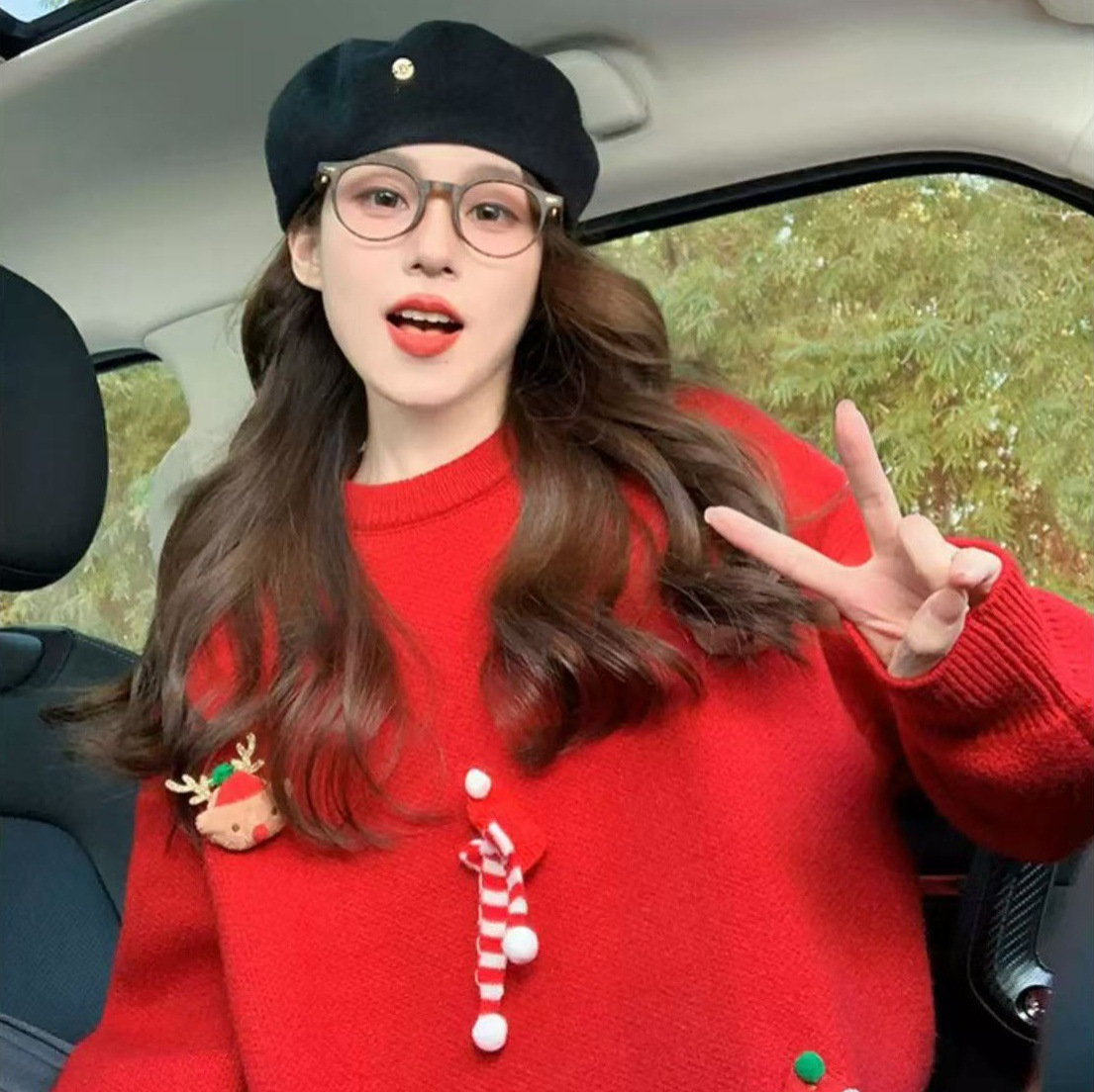 Suéter rojo perezoso para mujeres 2025 Navidad otoño y invierno nueva ropa de mujer casual versátil camiseta de punto de cuello redondo image 5