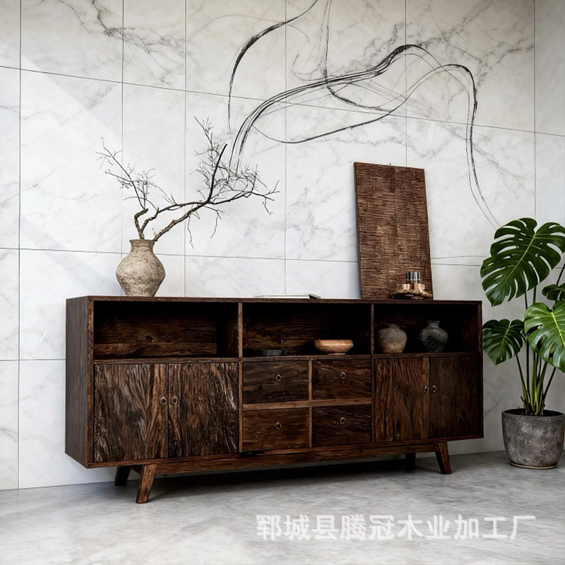 New Chinese Style Old Elm Sideboard Living Room Entrance Strip Case Storage Rack Household Wall Tea Cabinet Solid Wood Storage Cabinet
