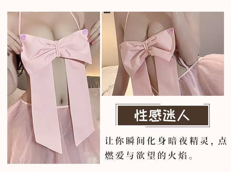 Pink Bow Three-Piece Lingerie Set with Mesh Overlay, Collar Bell and White Tights — detail image 7