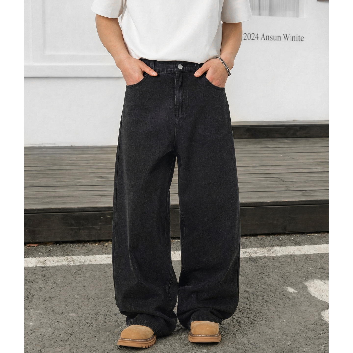 Vintage Washed Black Denim Jeans For Men - Relaxed Fit Straight Leg Casual Trousers With High Street Style_mkmklike.com