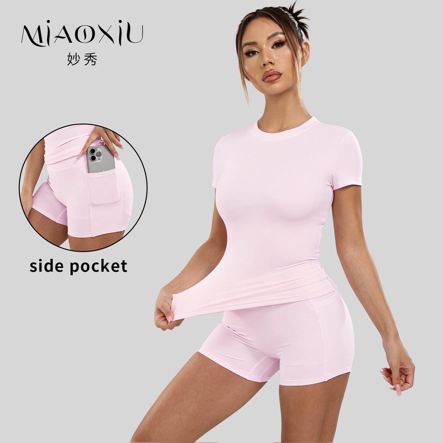 Nude-Feel Popular Yoga Outfit Set, Pilates Short-Sleeve Top and Shorts Two-Piece Sports Waist-Cinching Fitness Outfit for Women, Quick-Dry