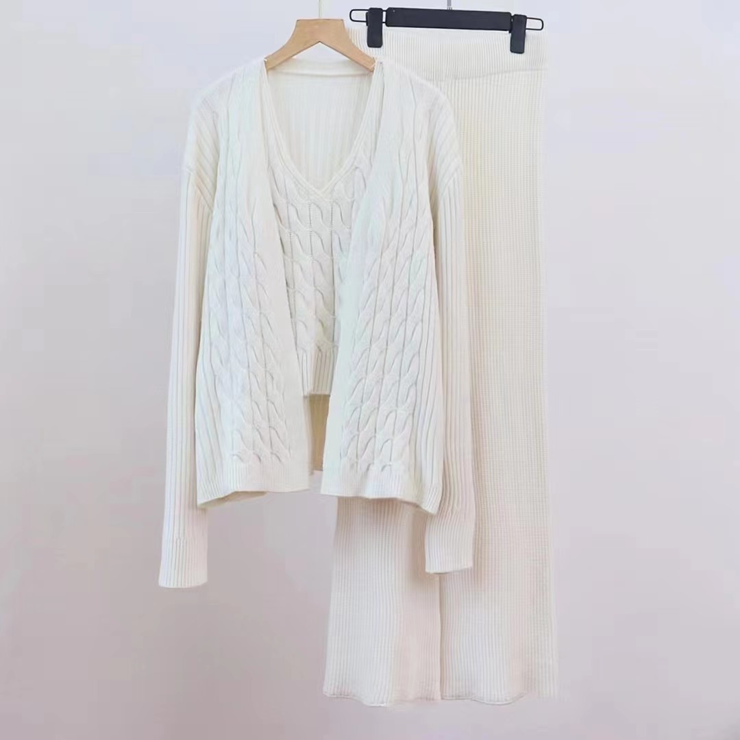 Autunno Inverno Lazy Maglia Donna Cardigan Largo Cinghie Fondo Camicia Pantaloni Gamba Larga Estesi Set Pezzo_voghion.com