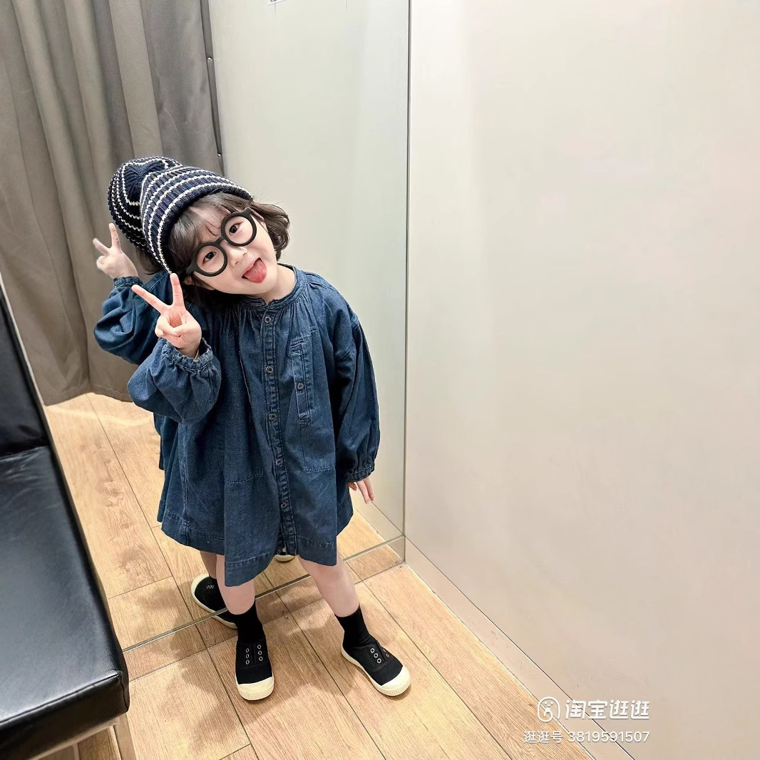 Falda para niñas con cuello alto, vestido de mezclilla lavado con botonadura sencilla, nueva colección de primavera y otoño, suministro de ropa infantil para comercio exterior.