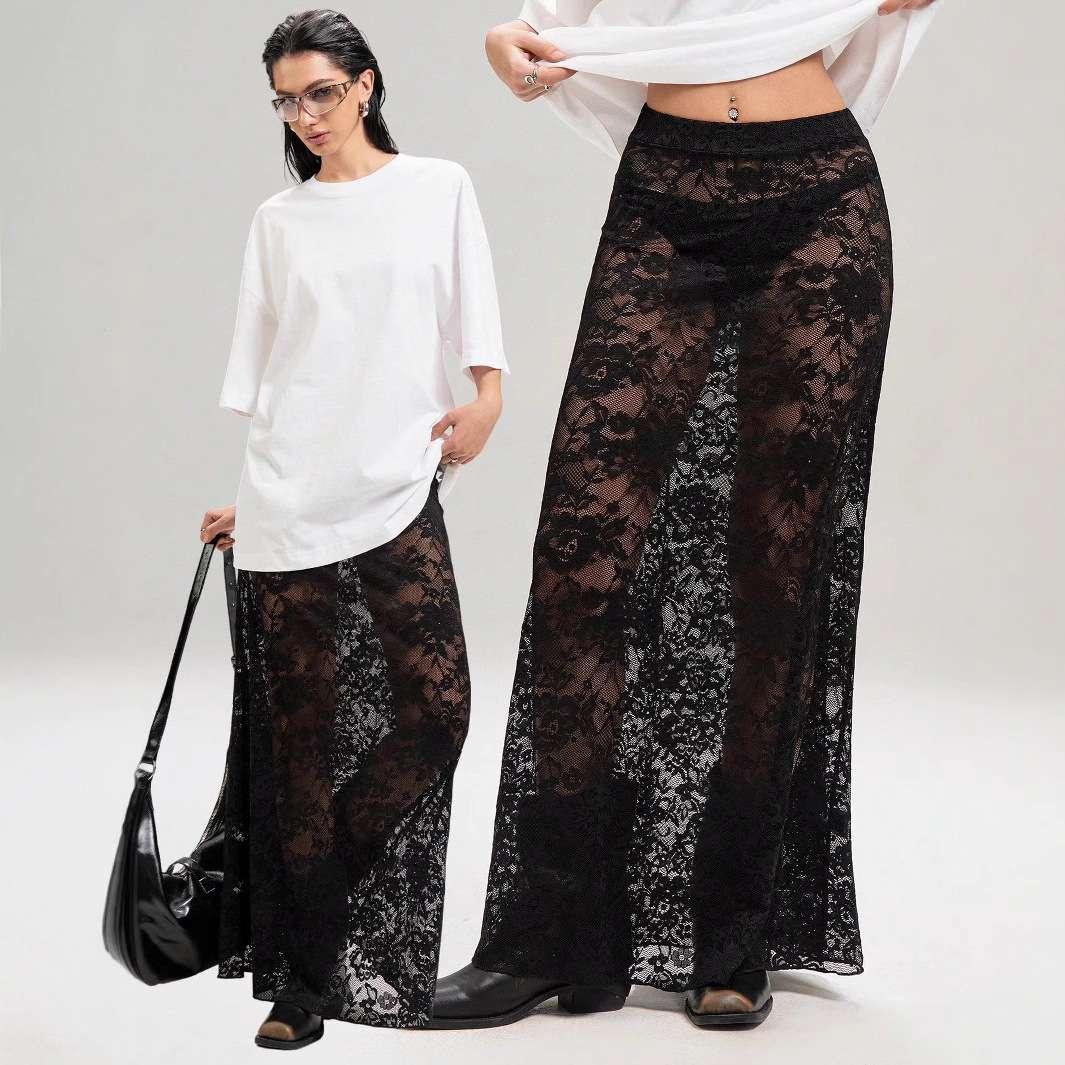 Cross-Border European and American Style 2026 Spring New Women's Fashion Solid Color Slim Fit Hip-Hugging Street Fashion High-Waisted Lace Skirt
