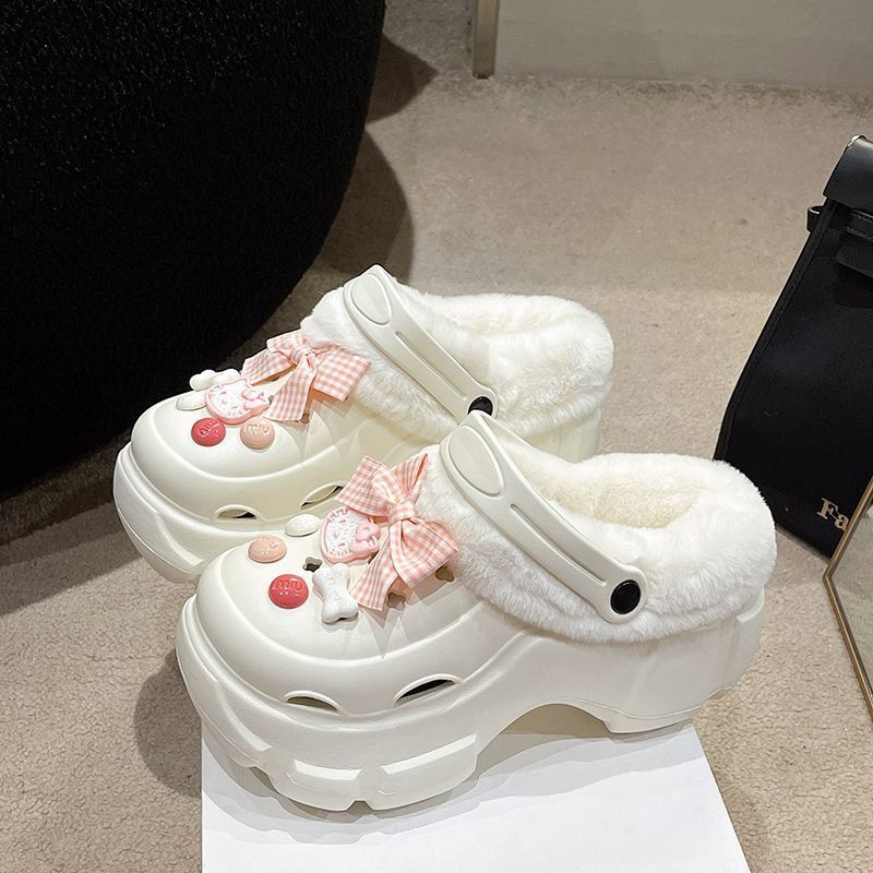 加工定制DIY洞洞鞋秋冬季加绒包头棉拖鞋女保暖家居外穿毛毛拖鞋