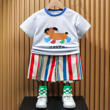 2025新款工厂特价男童短袖短裤两件套可爱小狗印花条夏季儿童套装