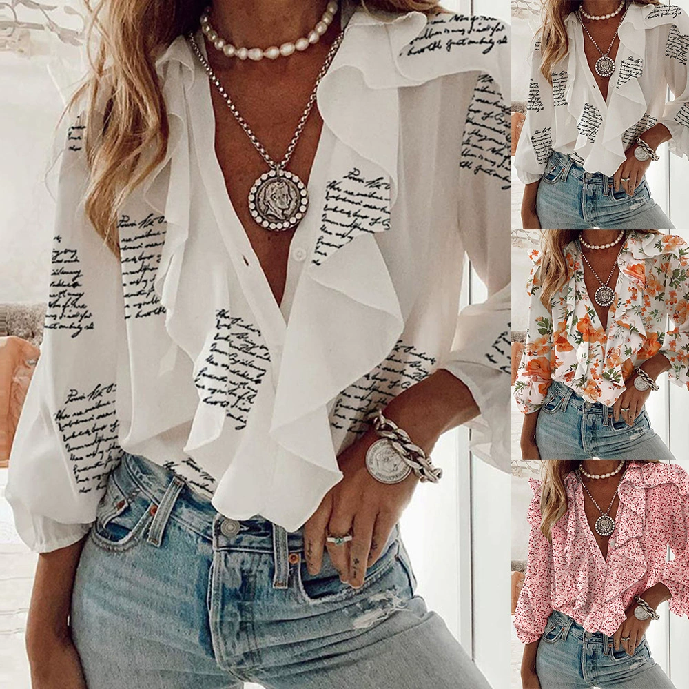 Autumn long-sleeve, shirt, European style, plus size, V-neckline