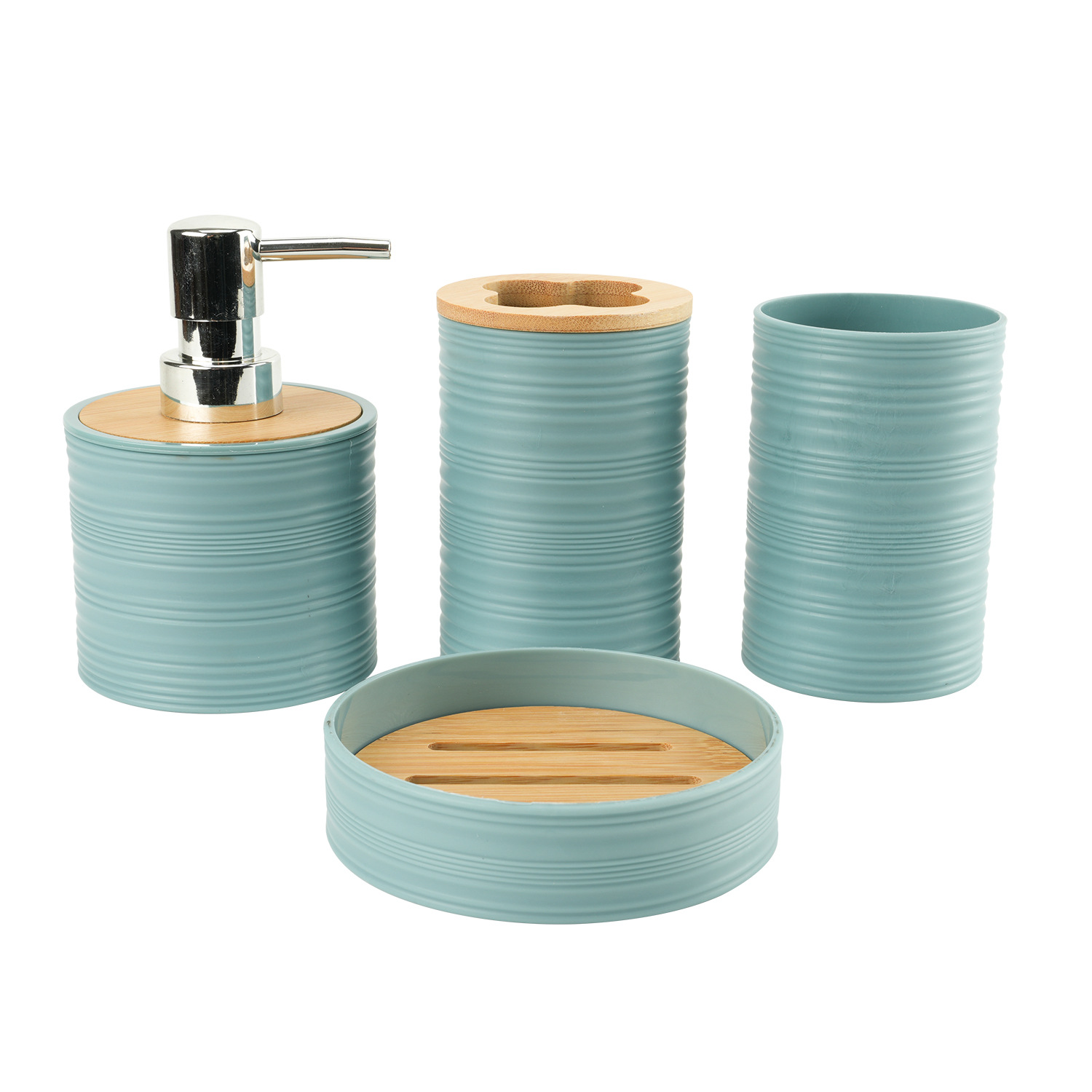 Tapa de bambú de patrón horizontal Juego de plástico de lavado de baño de cuatro piezas de fábrica al por mayor Estante de almacenamiento de baño Estante de enjuague Funda de estante de cepillo de dientes