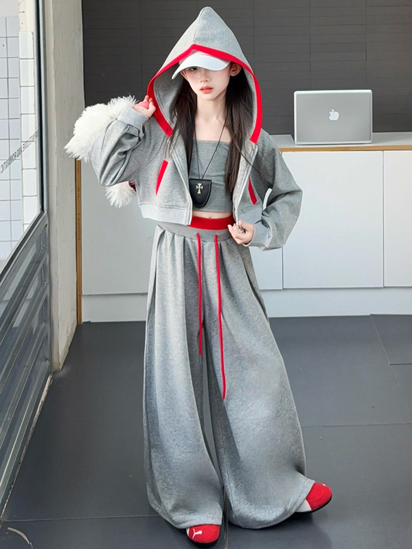女童套装秋季2025新款洋气大童春秋装韩版连帽外套儿童潮酷三件套|undefined