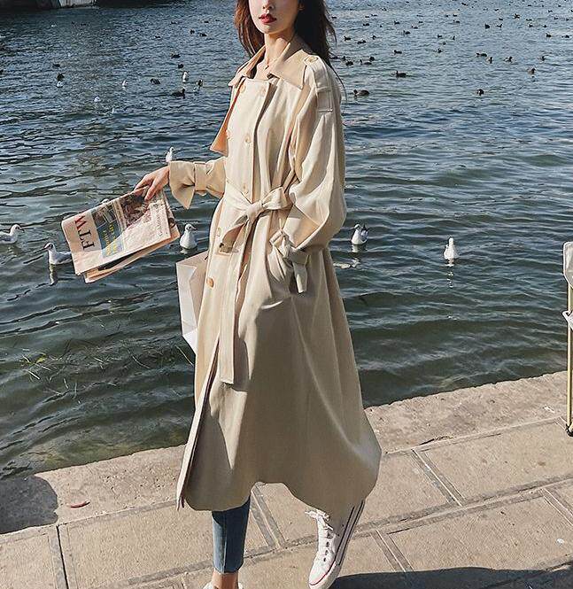 Áo khoác trench coat nữ dáng dài trung bình, form rộng, cổ vest, tay dài, phong cách thanh lịch — Màu be (chất lượng cao cấp) chi tiết 13