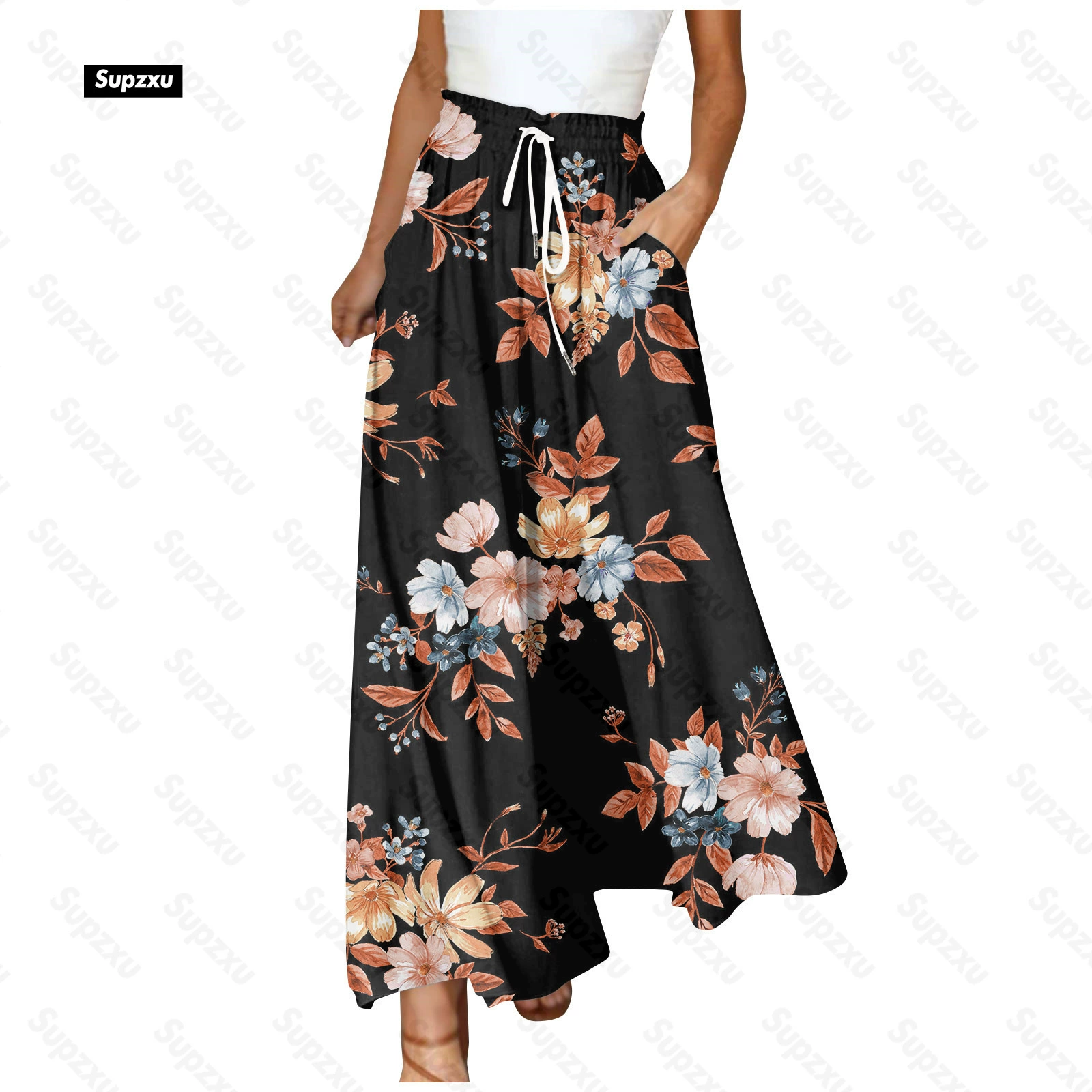 Европейские и американские трансграничные летние новые женские широкие брюки с эластичным поясом широкие ножки с высокой талией длинные принты кюлоты