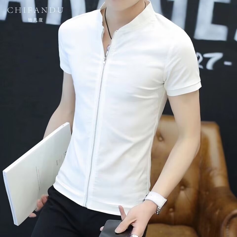 Strict Selection of Men's Short-sleeved Collar Shirt Teenager Slim-fit Cardigan POLO Small Shirt Handsome Zipper Top Clothes for Students