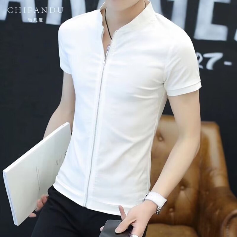 Strict Selection of Men's Short-sleeved Collar Shirt Teenager Slim-fit Cardigan POLO Small Shirt Handsome Zipper Top Clothes for Students