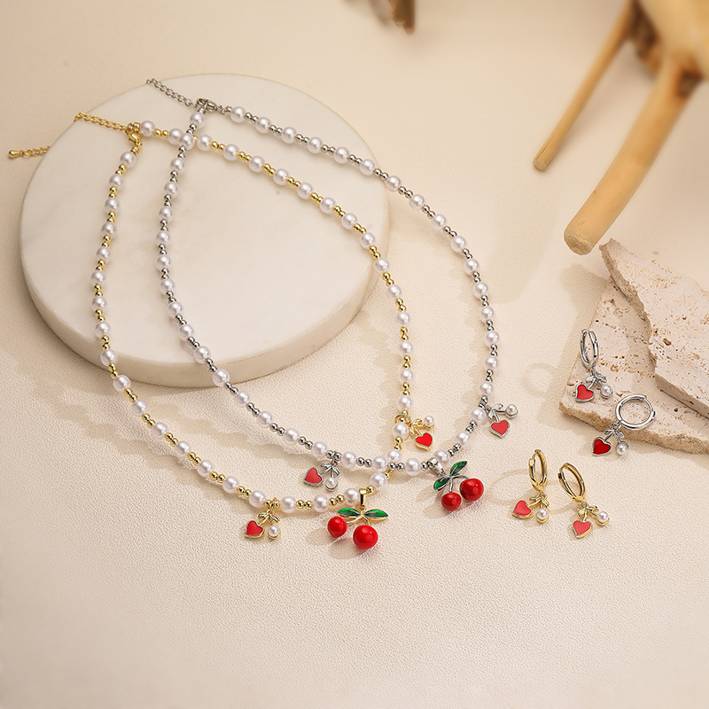 6g Weight Jewelry Set Classification Wholesale Jewelry Sweet Cherry Heart Shape Copper Jewelry Set Beaded Chain