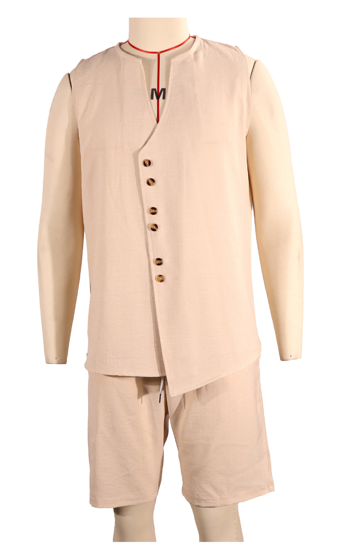 Men's Irregular Casual Cotton Linen Two Piece Set V Neck Button Sleeveless Top with Shorts_viptrois.com