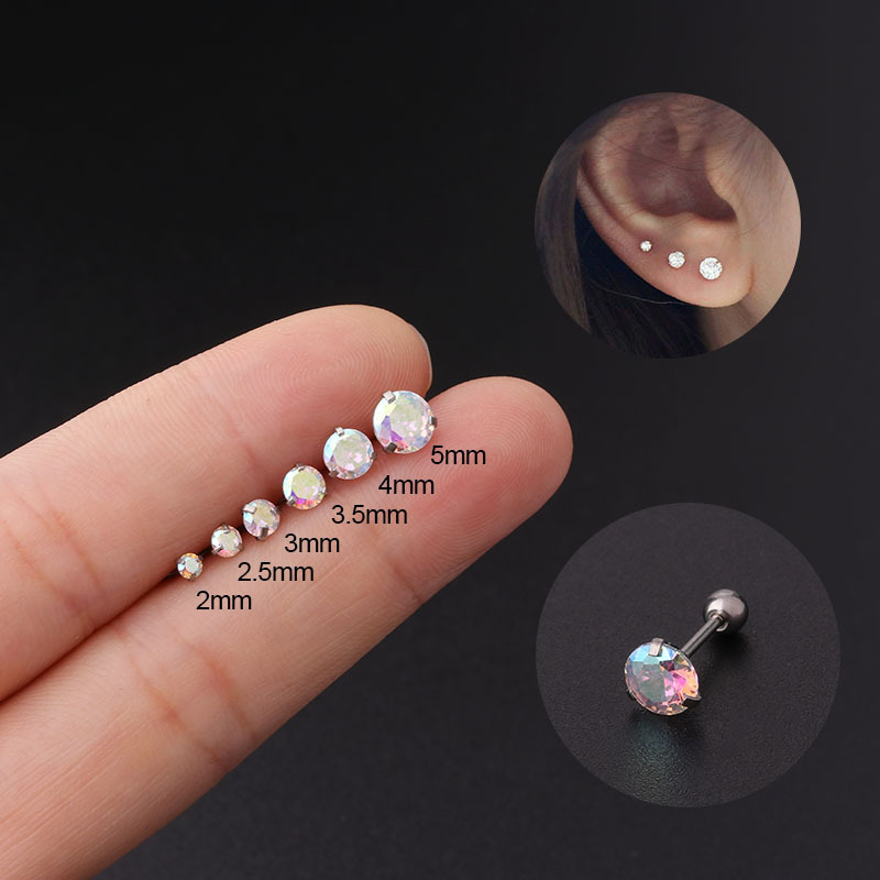 2PCS 2-5mm AB Colored Round Zircon Gold Plated Thin Rod Stainless Steel Twisted Ball Earbone Nail Korean Version Puncture_voghion.com