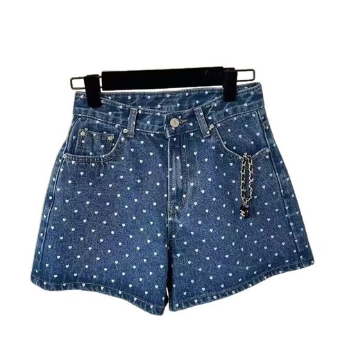 Blue dot print denim shorts for women, summer loose and slimming stylish fashion high-waisted A-line wide-leg pants