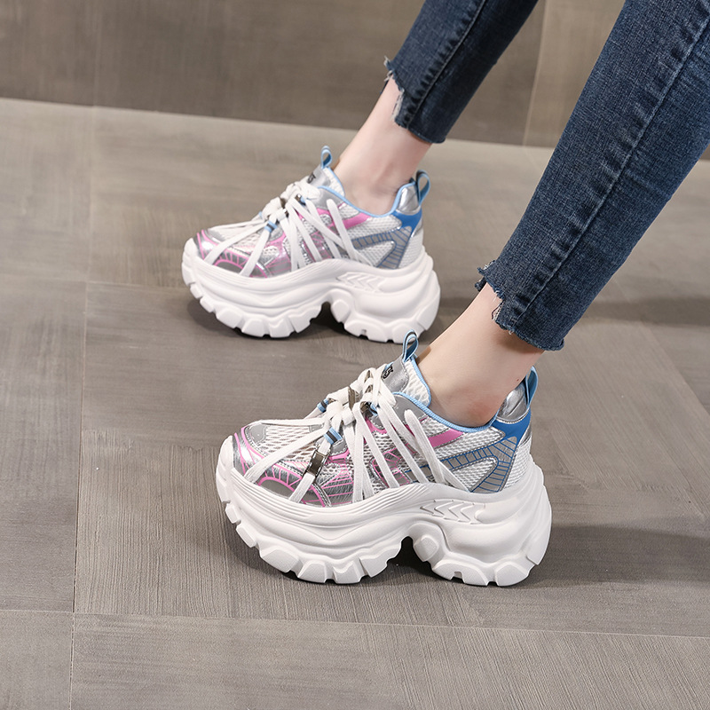 Giày sneaker nữ đế dày lưới thoáng khí phong cách bánh xốp — Màu hồng xanh lam