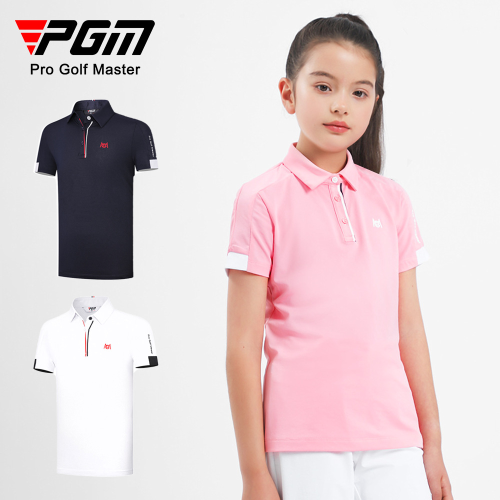 Áo polo golf tay ngắn trẻ em PGM thiết kế ghép màu — YF591-màu hồng, YF591-màu trắng, YF591-màu xanh nước biển
