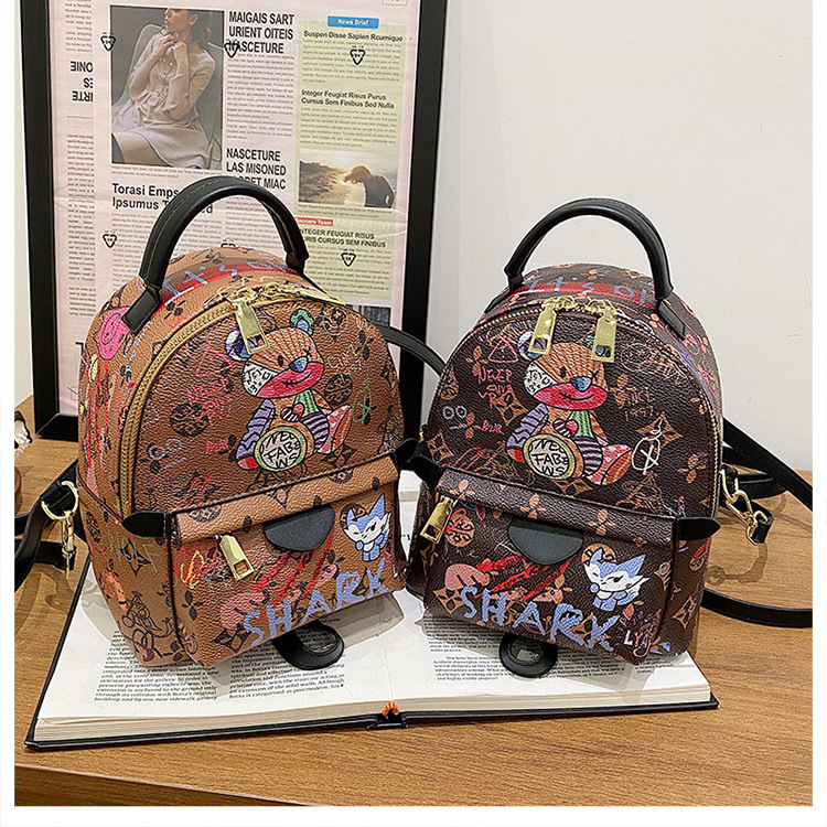 Stylish Graffiti Printed Backpack For Women Cute Bear School Bag_voghion.com