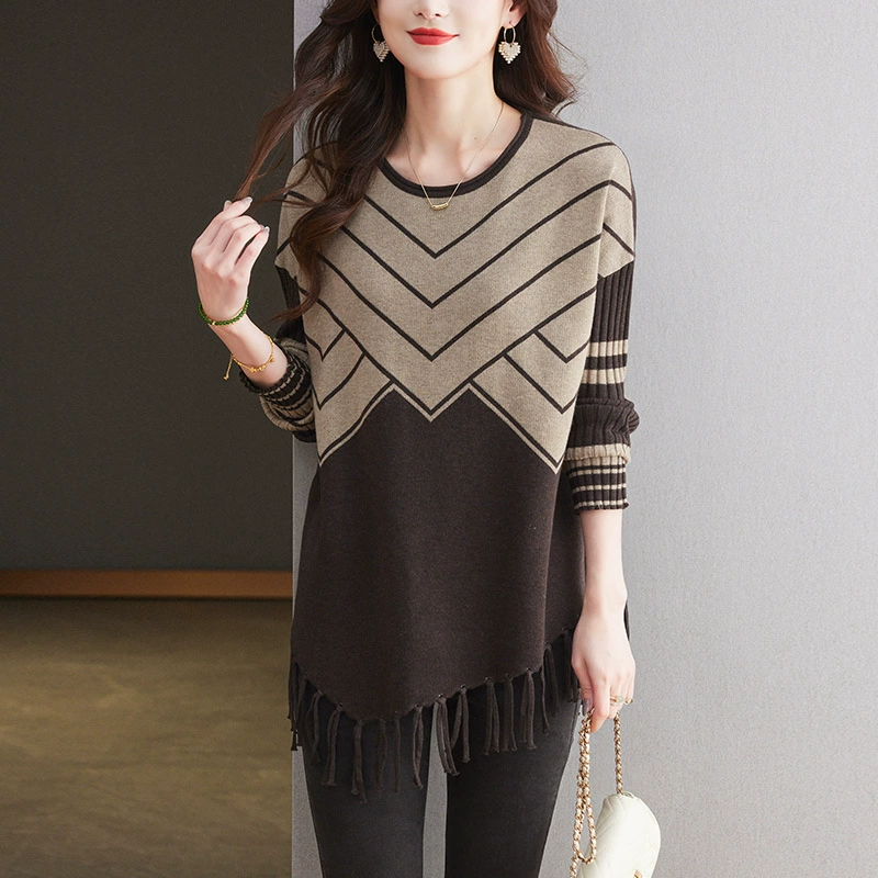 Свитер с кисточками с круглым вырезом дамы средней длиной осень зима 2024 новый средний возраст мама нерегулярный вязаный нижний свитер