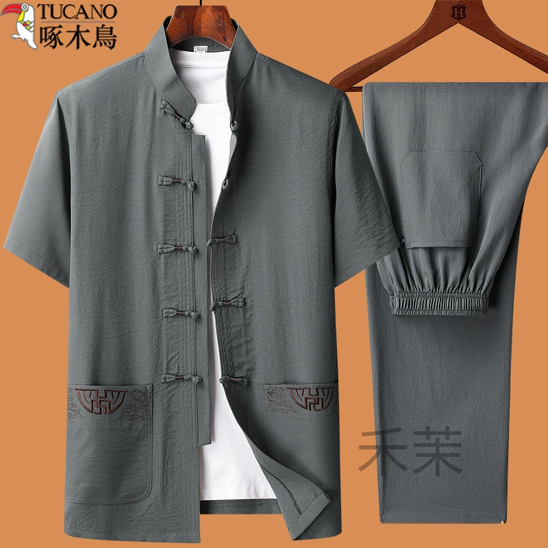 Мужской костюм Тан для мужчин среднего и пожилого возраста Woodpecker, летняя одежда для папы в китайском стиле с короткими рукавами среднего возраста, династия Хань, 60-летний дедушка, 70-летняя одежда
