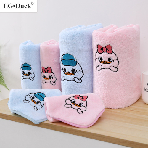 New coral velvet bath towels set of 3 with embroidery cartoon duck, thickened children's cute face towels